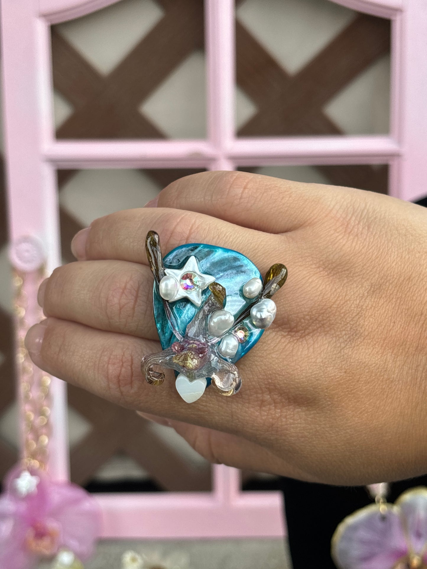 Orchid, Pearls and River Shells Ring