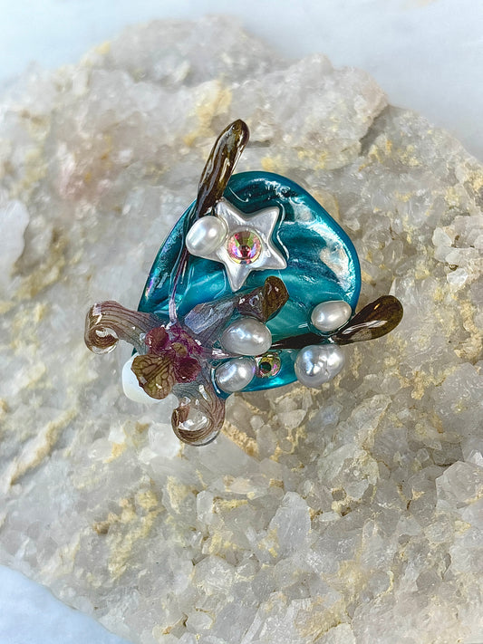 Orchid, Pearls and River Shells Ring