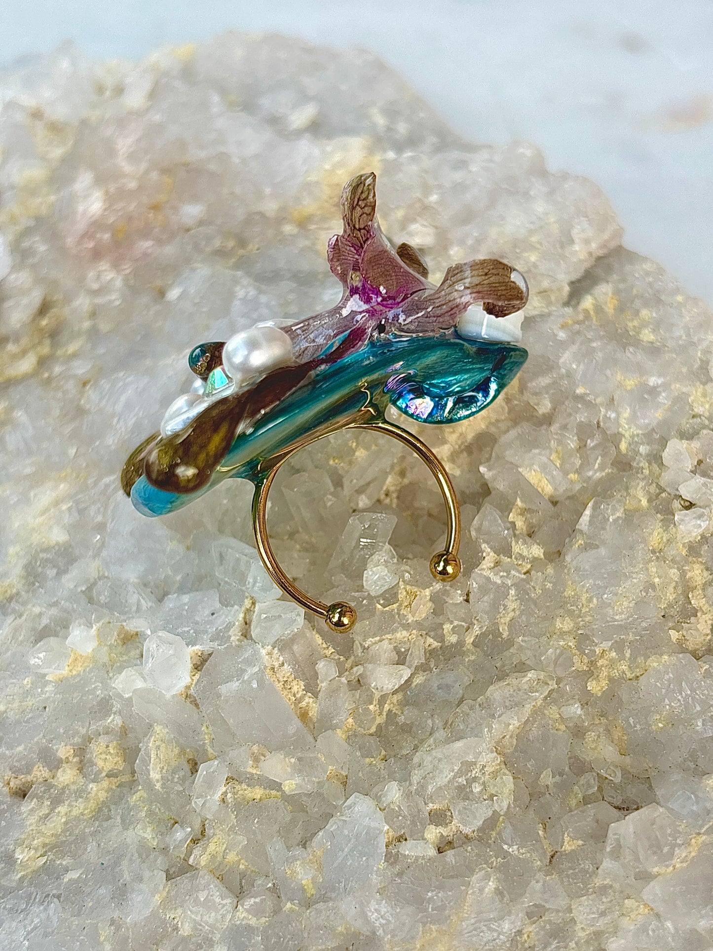 Orchid, Pearls and River Shells Ring