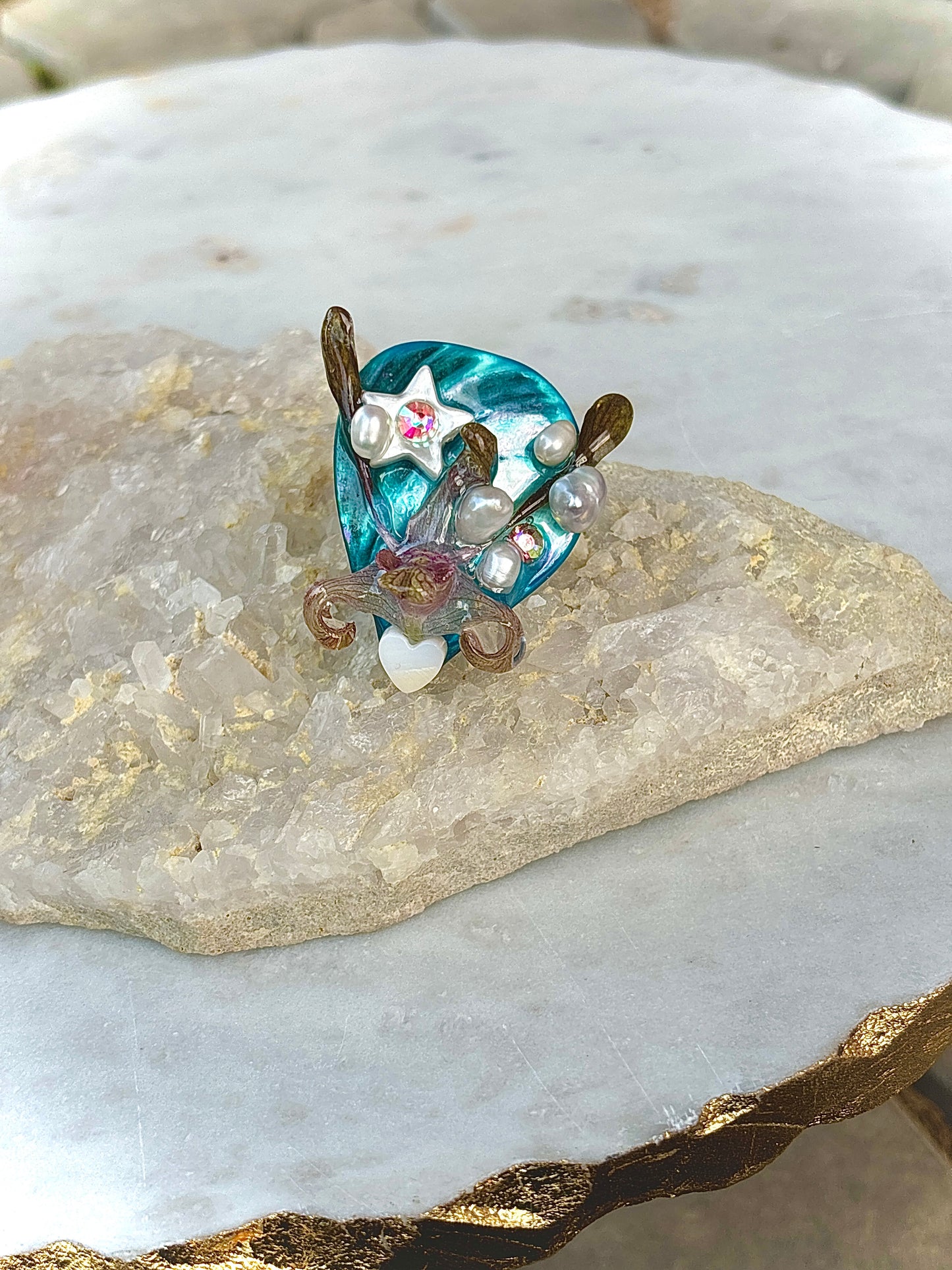 Orchid, Pearls and River Shells Ring