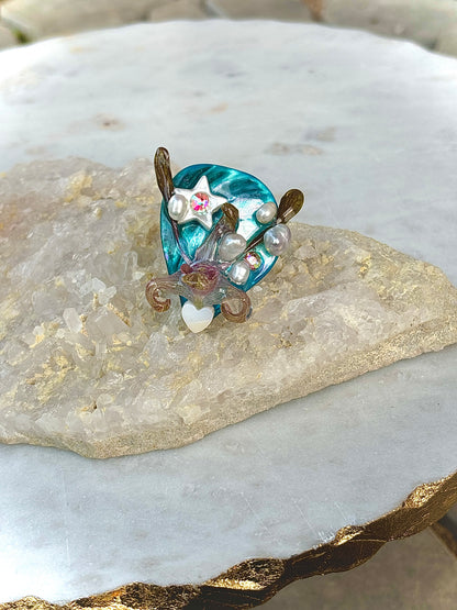 Orchid, Pearls and River Shells Ring