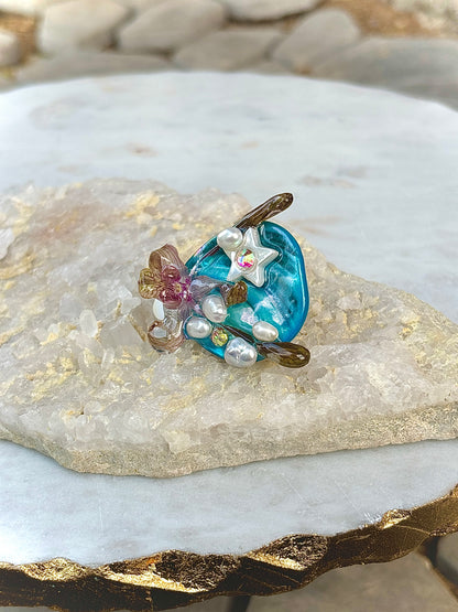 Orchid, Pearls and River Shells Ring