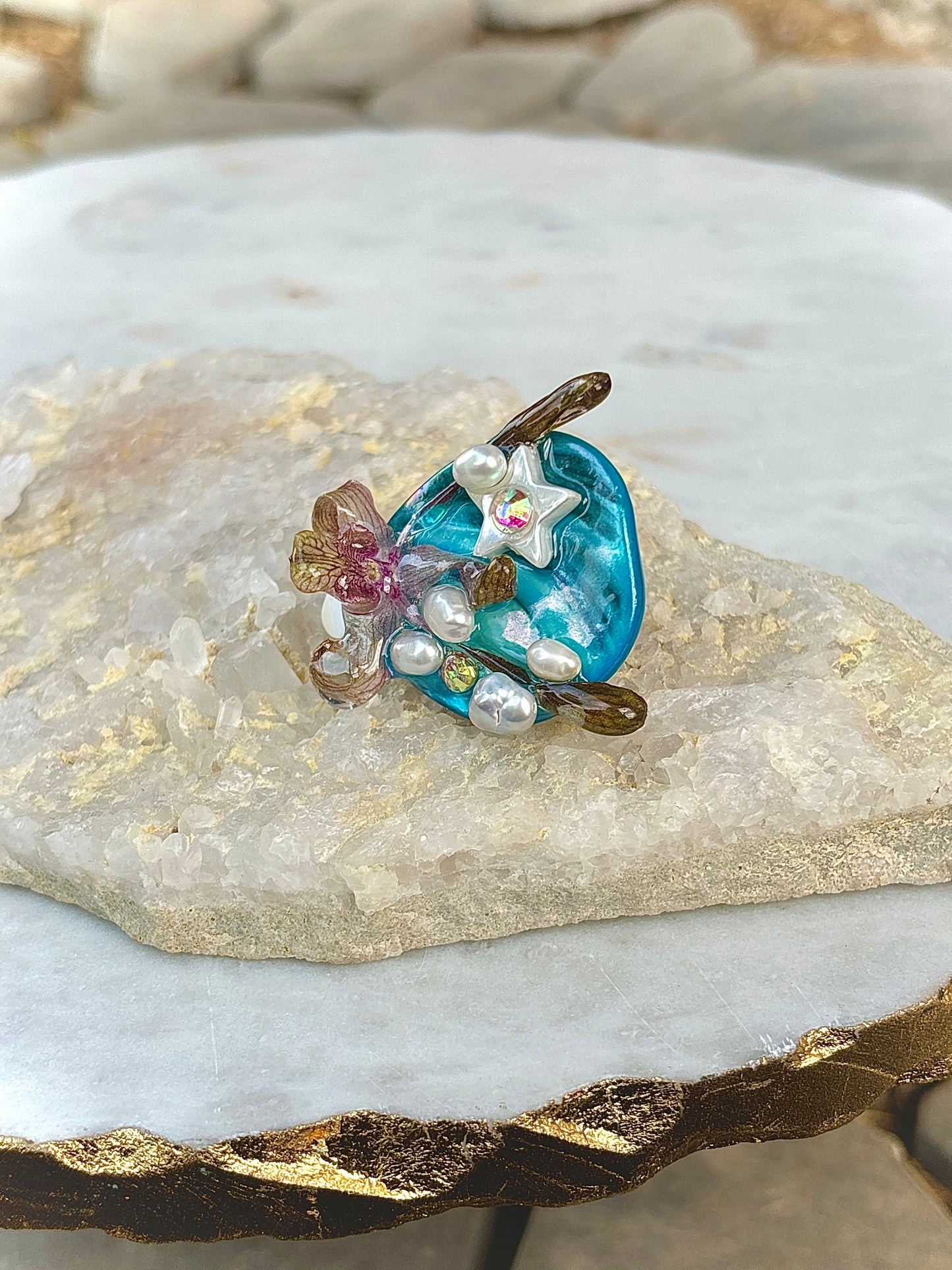 Orchid, Pearls and River Shells Ring