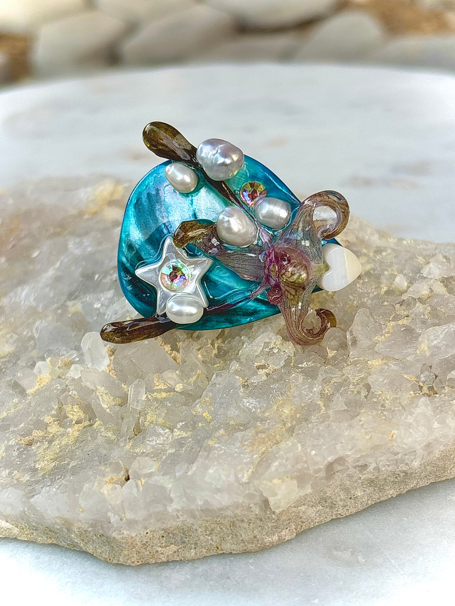 Orchid, Pearls and River Shells Ring