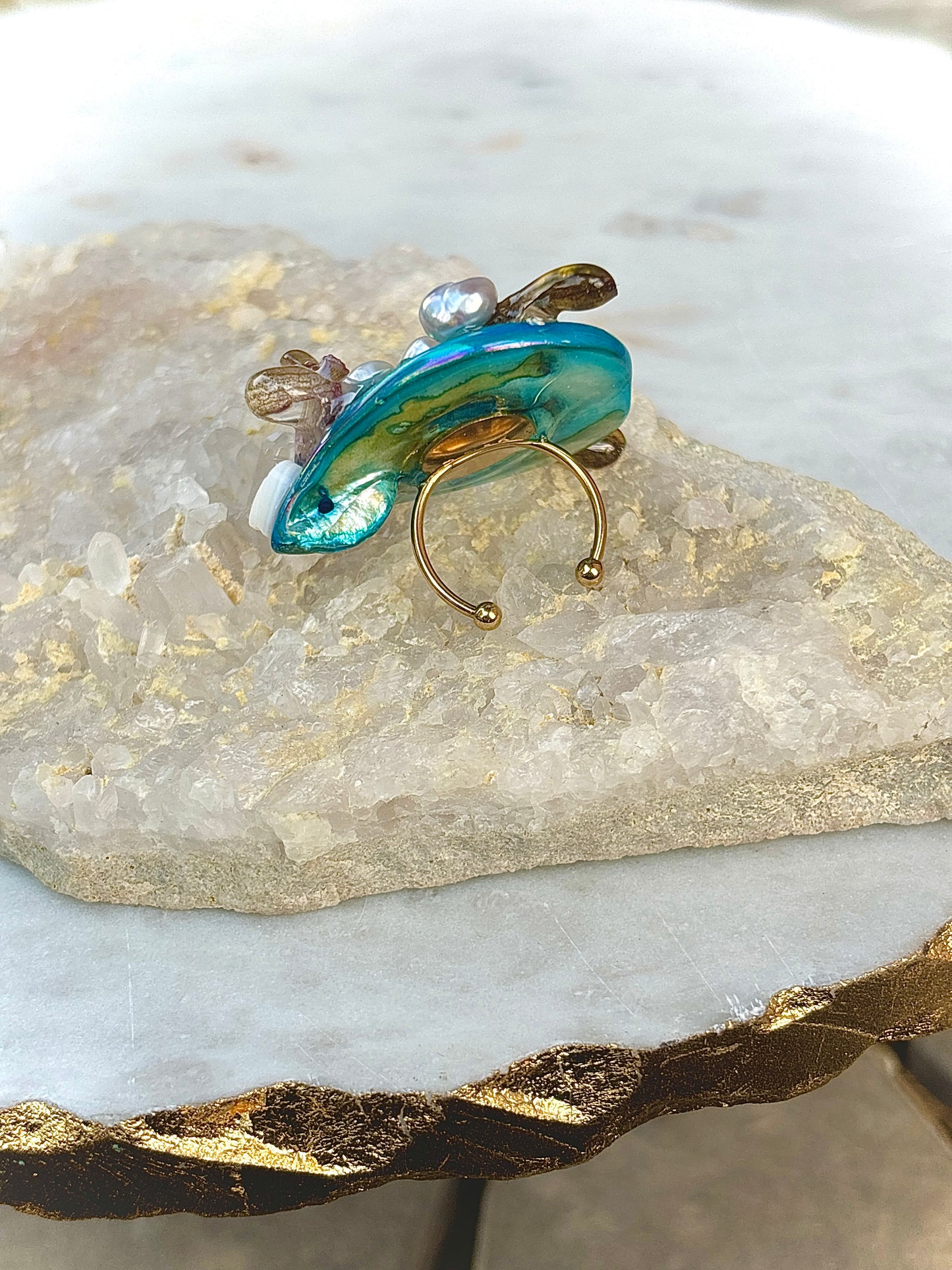 Orchid, Pearls and River Shells Ring