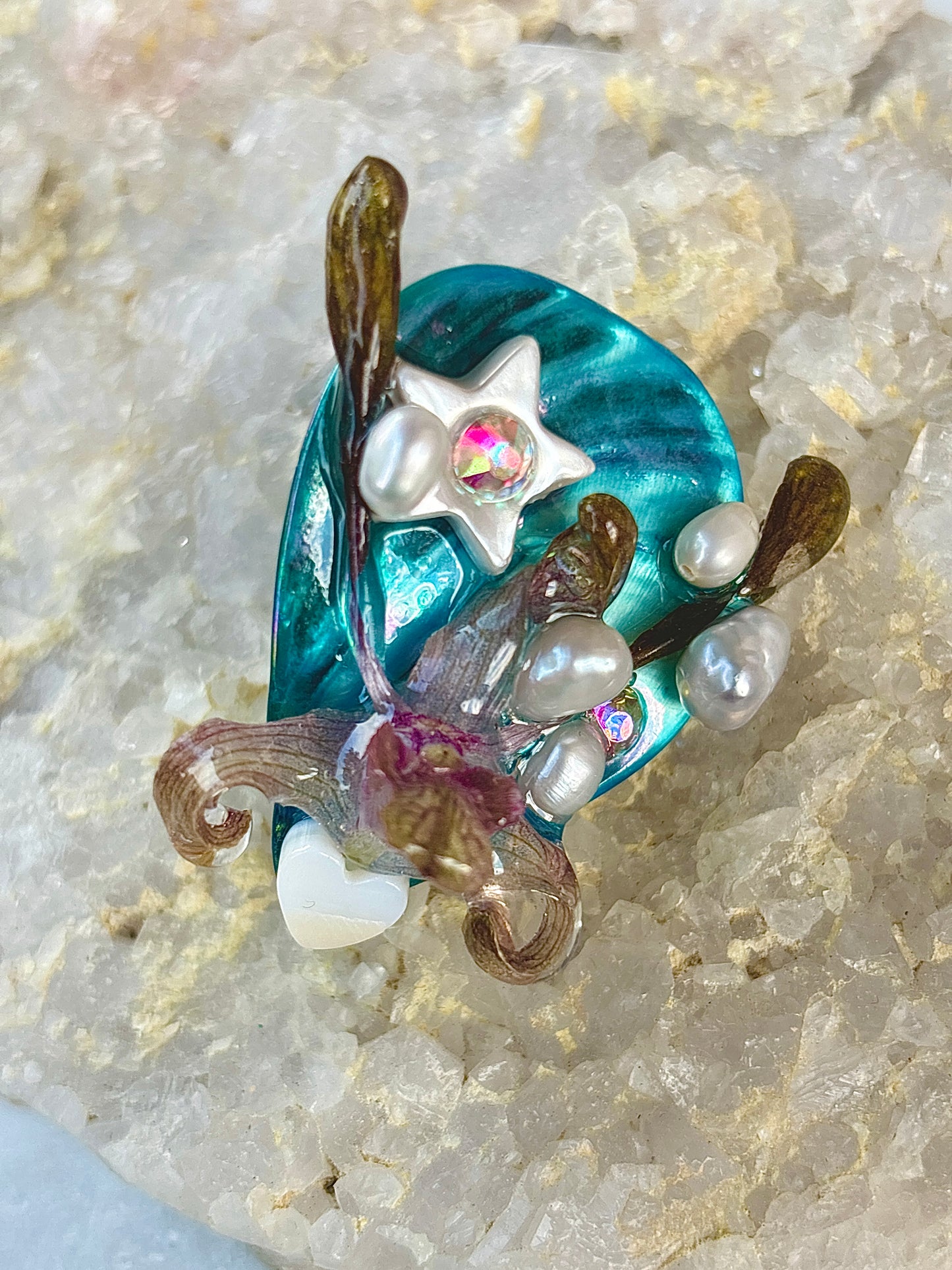 Orchid, Pearls and River Shells Ring