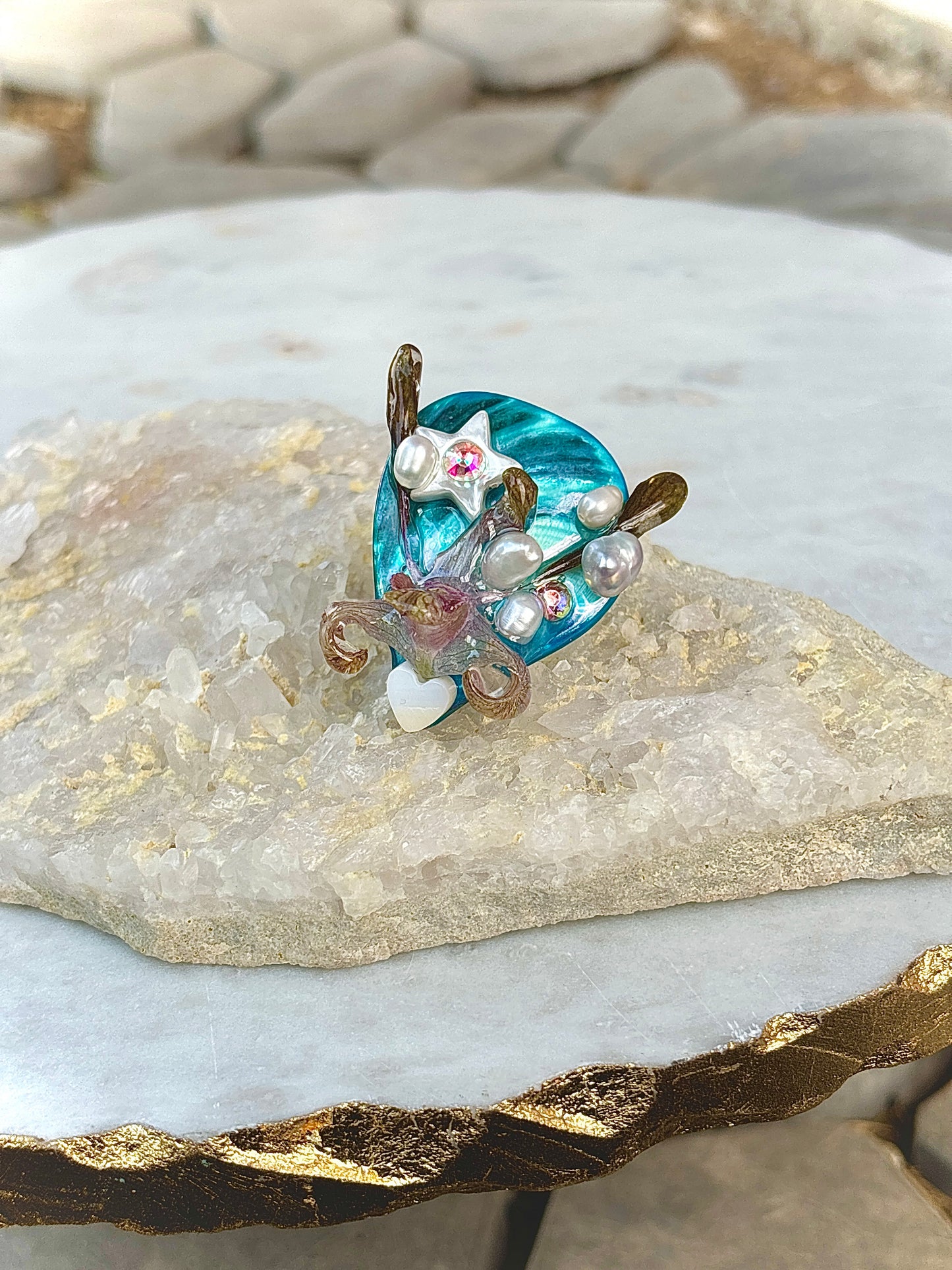 Orchid, Pearls and River Shells Ring